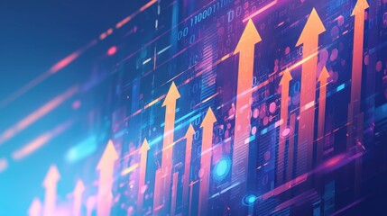 Abstract upward gradient arrows with flowing binary code, digital growth visualization for business strategy presentations, futuristic data analytics concept with vibrant colors