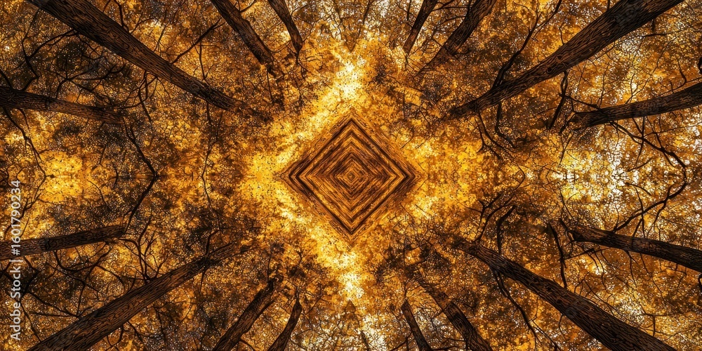 Poster a fantastical overhead view of a forest that transitions into a geometric pattern of golden fields
