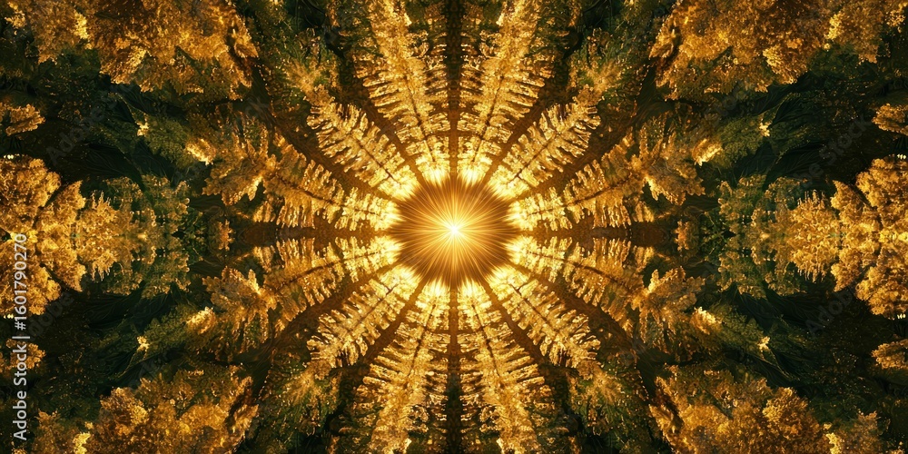 Poster a fantastical overhead view of a forest that transitions into a geometric pattern of golden fields