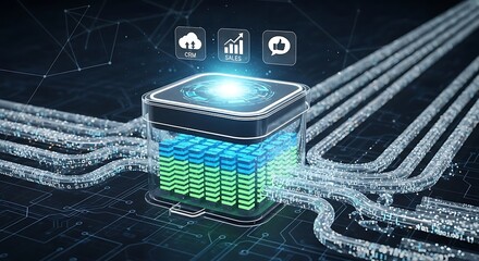 Data center cube with digital streams and cloud computing icons, illustrating data flow and storage.