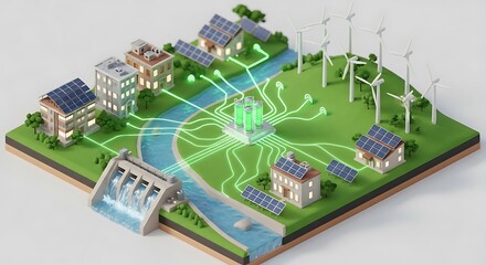 Sustainable smart city powered by renewable energy sources, interconnected via a green energy grid.