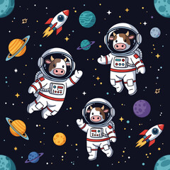 Adorable cows in astronaut suits floating in space, perfect for children's products or space-themed designs.