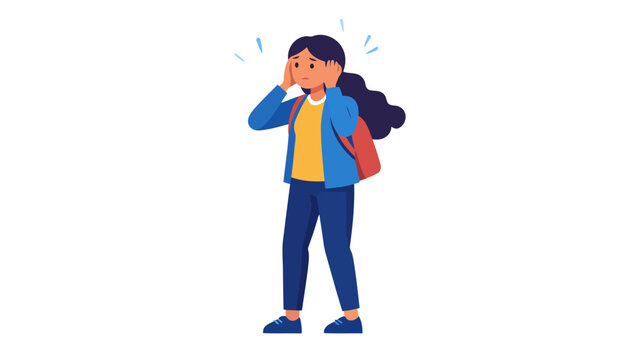 Stressed cartoon girl in a blue jacket holding her head, looking anxious and overwhelmed.