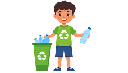 Cheerful cartoon boy in a green recycling t-shirt sorting plastic water bottles into a bin.