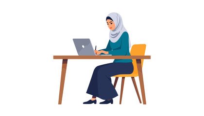 Fototapeta premium Modern Muslim woman in a hijab working on a laptop, sitting at a wooden desk with a focused expression.