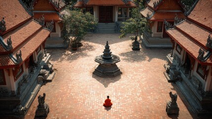 Fototapeta premium Tranquil Meditation Scene in a Serene Temple Courtyard Surrounded by Traditional Asian Architecture and Lush Greenery