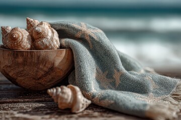 Obraz premium Shells in a Bowl With a Starfish Towel, on the Beach at Seaside. Relaxing Background