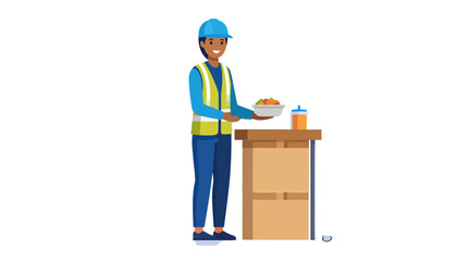 Smiling worker in a blue hard hat and yellow safety vest holding a bowl of food.
