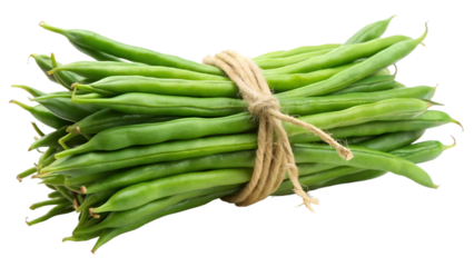 A fresh bunch of vibrant green beans tied with natural twine, isolated on a white background