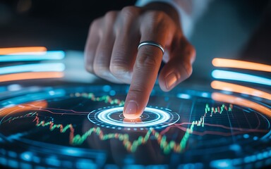 Naklejka premium Analyze stock market data with a futuristic touch screen for smart business decisions and growth investment