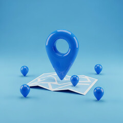 Blue Map Pin Location on Map surrounded by pins