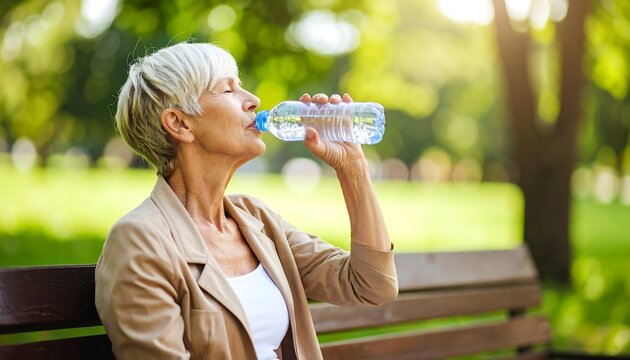 Mature woman drinking water outdoors - Powered by Adobe