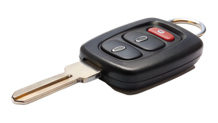 A modern car key with remote control buttons and a metal key blade, isolated on a white background