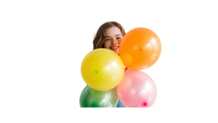 Happy Young Woman Hiding Behind Colorful Balloons