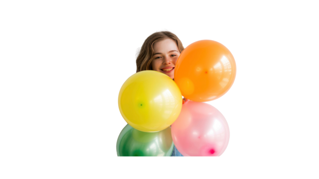Happy Young Woman Hiding Behind Colorful Balloons