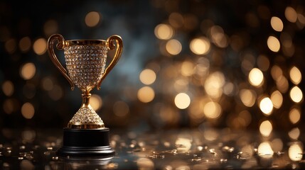Glowing gold trophy with sparkling diamonds on luxurious velvet podium under dramatic spotlight and subtle bokeh, showcasing elegance, prestige, and achievement in a refined setting.