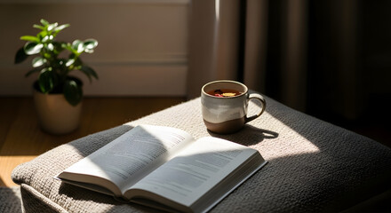 Natural sunlight spills onto a soft floor cushion with an open book and a ceramic mug of herbal tea. A small plant rests in the corner, creating a quiet and cozy environment for rest and reflection.