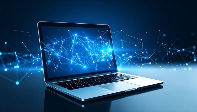 Modern laptop with digital network graphic
