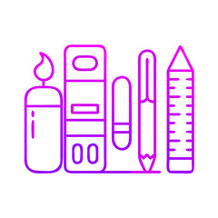 Stationery items including pencil, ruler, glue, and pen in outline style  