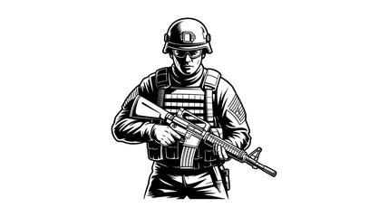 Soldier in full gear holding rifle in detailed vintage style