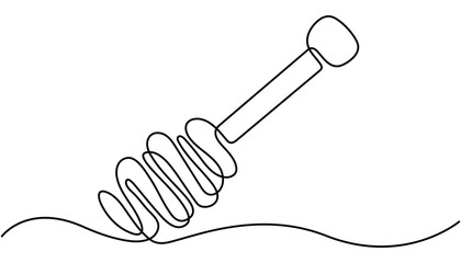 A continuous line drawing of a honey jar with a dipper, Vector continuous one single line drawing of honey dipper in silhouette on white background. Linear stylized, Honey dripping from honey dipper.