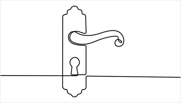 Door knob continuous one line drawing, Door outline drawing illustration. Open door one line illustration, Doorknob Black Stroke Linear Icon, Continuous one line drawing of Opened door design.