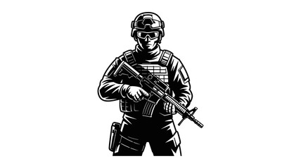 Soldier in full gear holding rifle in detailed vintage style