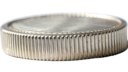 Closeup view of a silver coins detailed edge, isolated on a white background