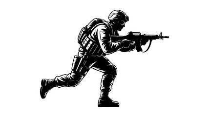 Soldier in combat gear running with assault rifle