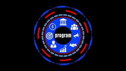 Program Development Framework: Circular Tech Infographic Representing Finance, Governance, Growth, Communication, Targeting, and Leadership—Designed for Corporate Initiatives, Training Programs.