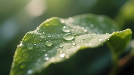 Close-up of a vibrant green leaf adorned with glistening water droplets under natural light.
