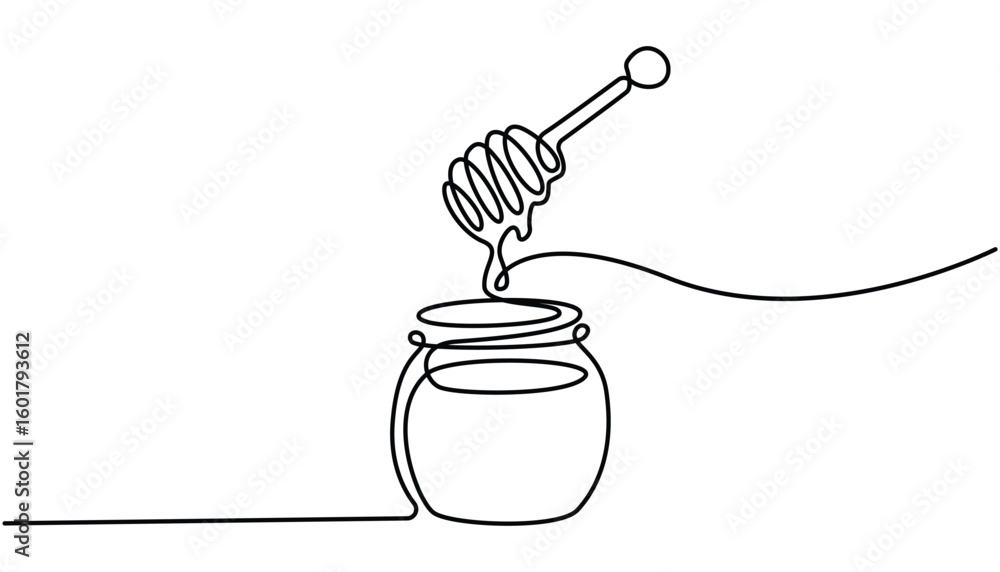 Poster a continuous line drawing of a honey jar with a dipper, vector continuous one single line drawing of