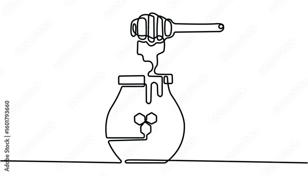 Poster a continuous line drawing of a honey jar with a dipper, vector continuous one single line drawing of
