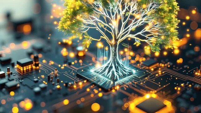 Technological tree growing on a circuit board reflecting digital growth concept