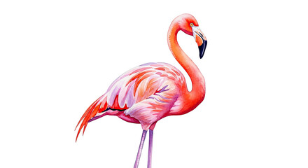 Watercolor illustration of a pink flamingo standing isolated on a black background showing its neck