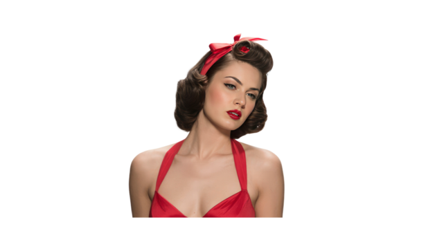 Retro Glamorous Woman in Red Dress with Vintage Hairstyle