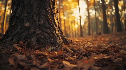 Close up of a large tree trunk in a sunlit autumn forest