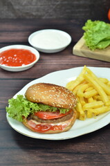 Beef burger with French fries, fresh made and tasty