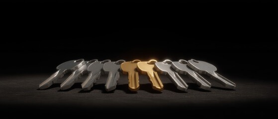 Unique golden key among identical silver keys in perfect alignment