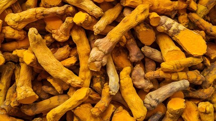 Dried turmeric rhizomes full frame close up texture background
