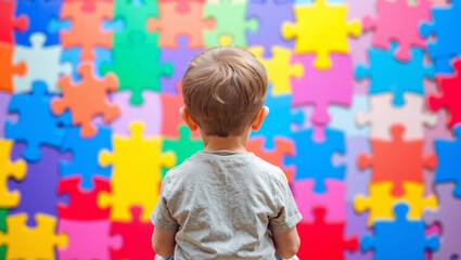 A young boys sitting in front of a colouring puzzle