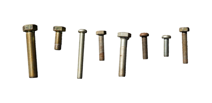 rusty bolts in various sizes isolated