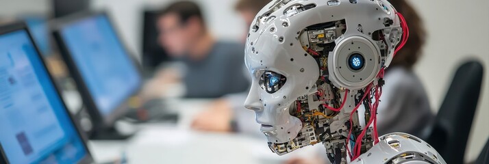 Obraz premium A robotic assistant performing repetitive tasks in a computer science lab,