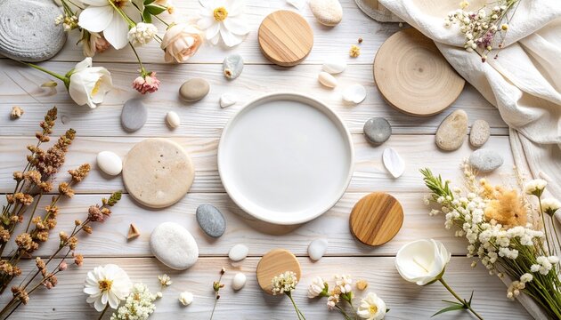 Wooden table surface with neutral tone props like linen fabric, ceramic plate, dried flowers, smooth stones, perfect for elegant product display - Powered by Adobe