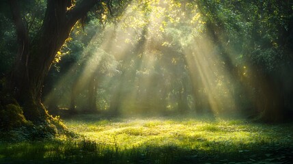 Sunlight streams through forest canopy illuminating a misty clearing