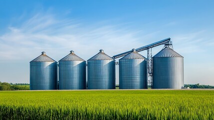 Modern agricultural grain storage silos against a blue sky