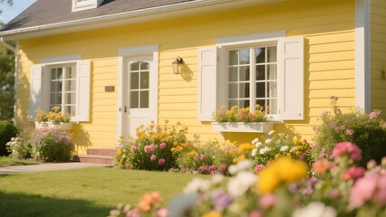 Charming Yellow Cottage with White Shutters and Vibrant Garden
