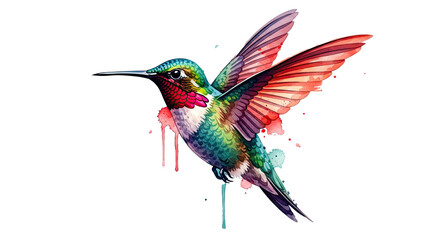 Watercolor painting of a hummingbird with vibrant colors and detailed wing feather textures on black background