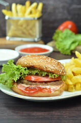 Beef burger with French fries, fresh made and tasty
