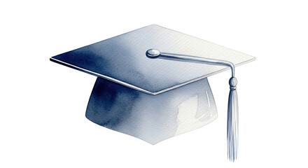 A watercolor illustration of a graduation cap on a black background with a white tassel hanging down